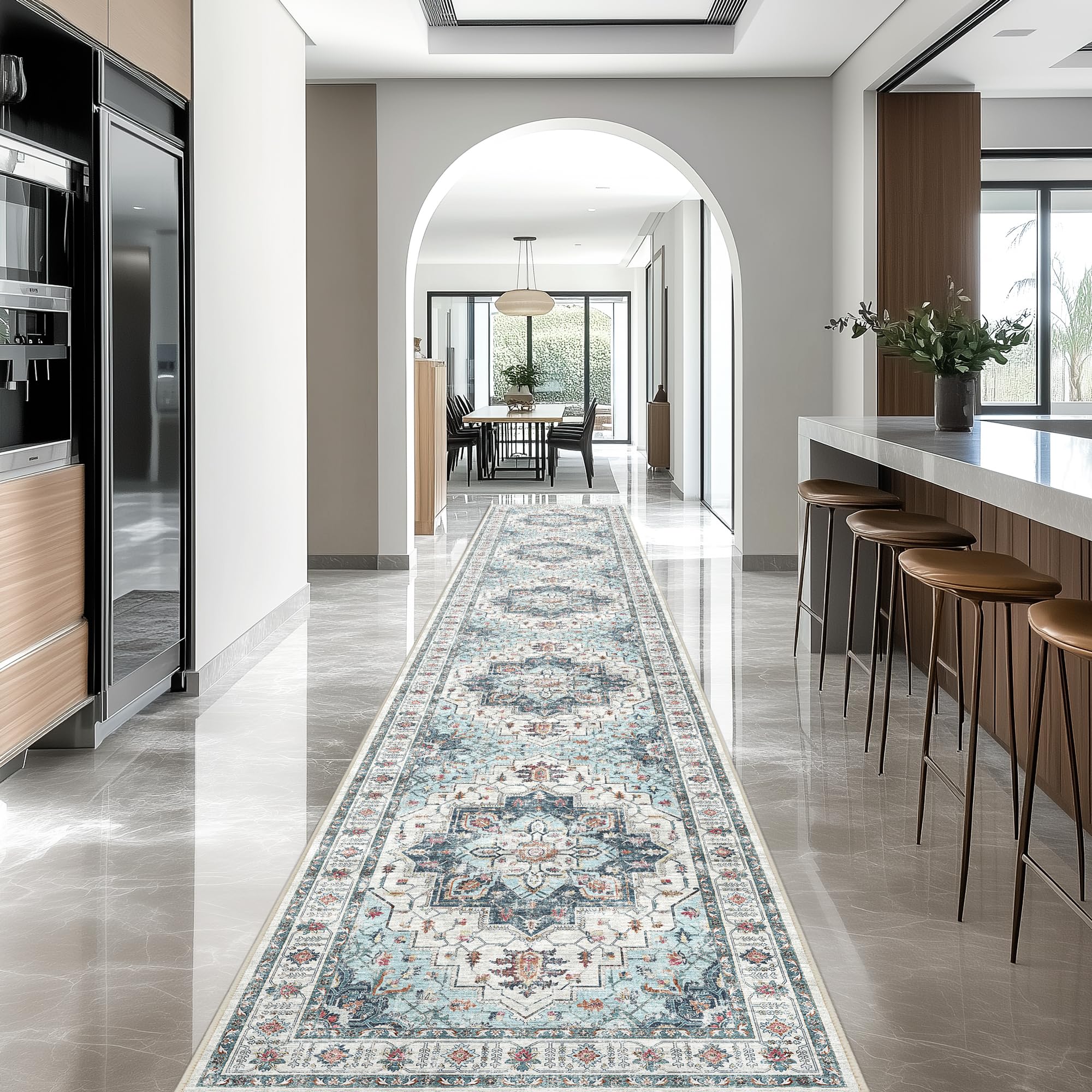 Photo 1 of Madane Hallway Runner Rug 2'6''x16' Kitchen Runner - Non Slip Vintage Runners for Hallways Washable Kitchen Rugs Soft Low Pile 2.5x16 ft Rug Runner for Laundry Room, Entryway and Bedroom, Blue