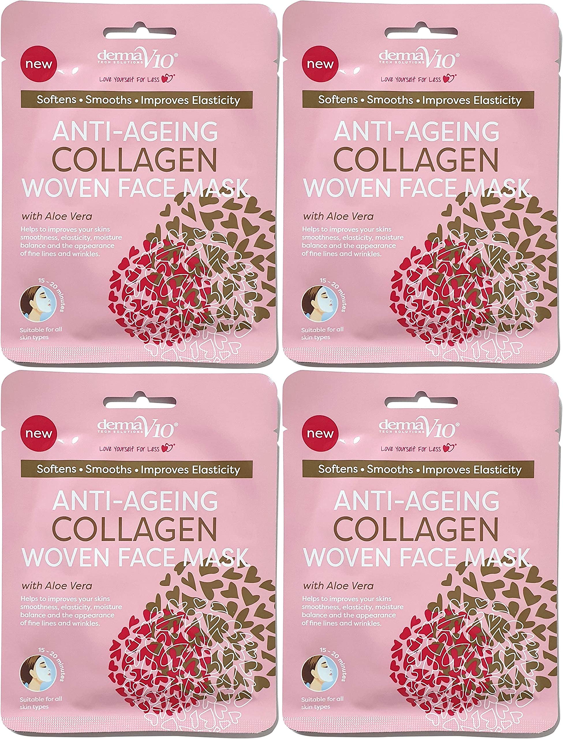 Derma V10 Woven Face Mask with Aloe Vera 4 Pack Vegan Suitable For All Skin Types (Anti-ageing Collagen)