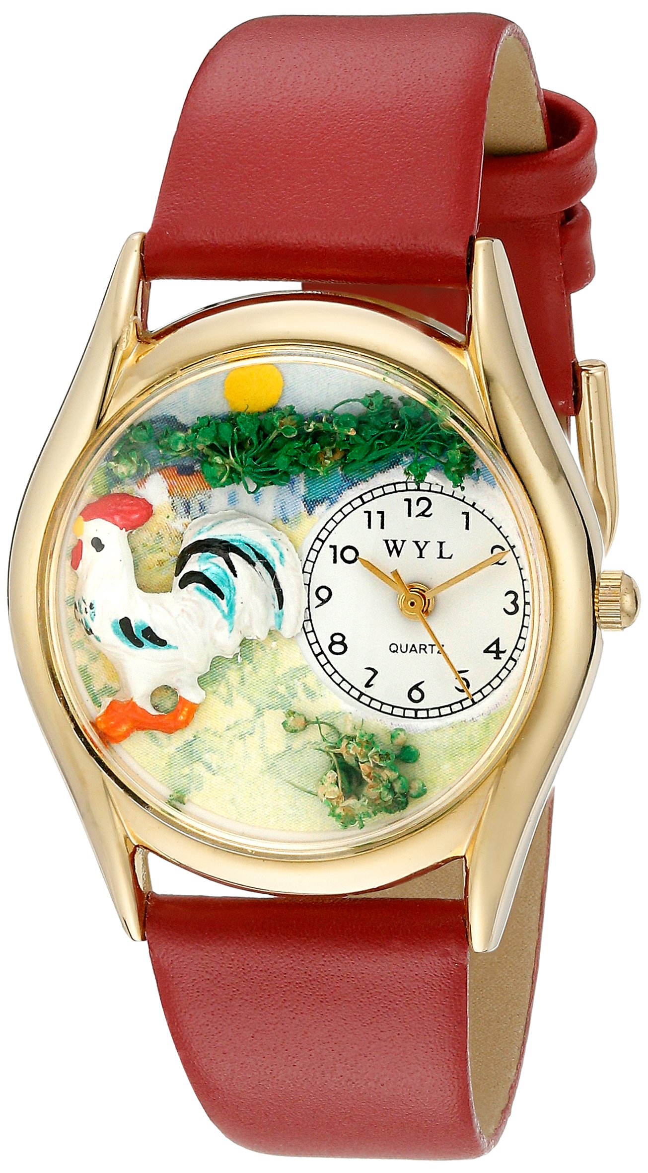 Whimsical Watches Rooster Red Leather and Goldtone Unisex Quartz Watch with White Dial Analogue Display and Multicolour Leather Strap C-0110004