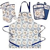 Oven Mitts and Pot Holders with Cooking Apron Set of 5, Heat Resistant Kitchen Gloves and Silicone Non-Slip Potholders, Adjustable Neck Buckle Chef Apron, Cotton Nice Design for Cooking (Blue Retro)
