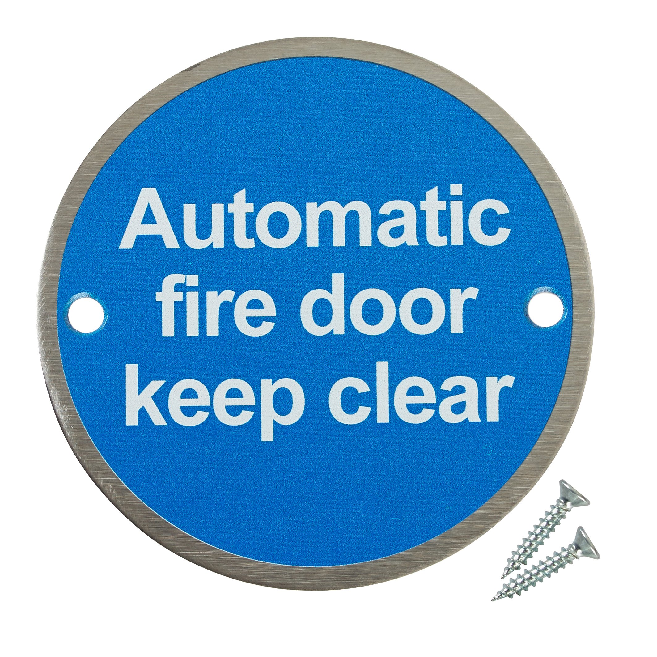 Fire Door Guru® Automatic Fire Door Keep Clear Sign - 76mm Disc - Stainless Steel Safety Sign - Fixings Included