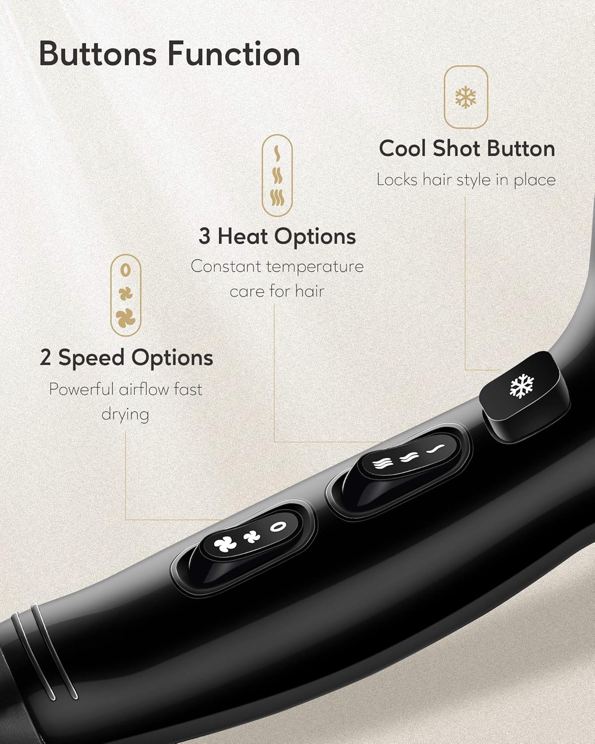 KIPOZI 1875W Hair Dryer, Negative Ionic Blow Dryer, Salon Grade Powerful Hairdryer with Concentrator&Diffuser, 2 Speed and 3 Heat Settings, Lightweight and Quiet /Packaging Vary (Golden Black): Health & Personal Care