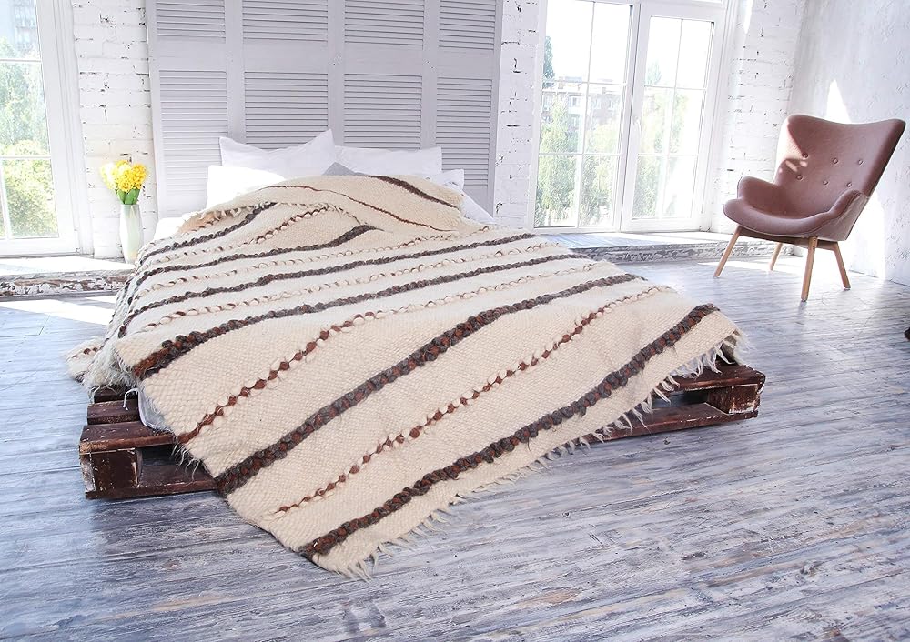 White Wool Throw Blanket, Fuzzy plaid for living room, Boho