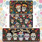 Sonwyoung 3 Pcs Day of The Dead Kitchen Rugs Skull Mat Set Mexican Decor | Día De Muertos Sugar Skull Non Slip Floor Mat, Waterproof Floral Runner Rug for Halloween Kitchen,Bathroom, Home, Party Decor