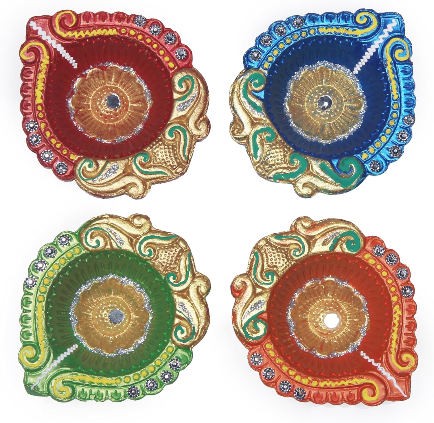 Oil Lamps & Accessories - Handmade Terracoaat Set of 4 Multicolor Premium Deep Clay Diya for Diwali/Navratri Decorations Oil Lamp Diwali Clay Diya Tea Light Holder Indian Decor Festival Gifts Puja Items