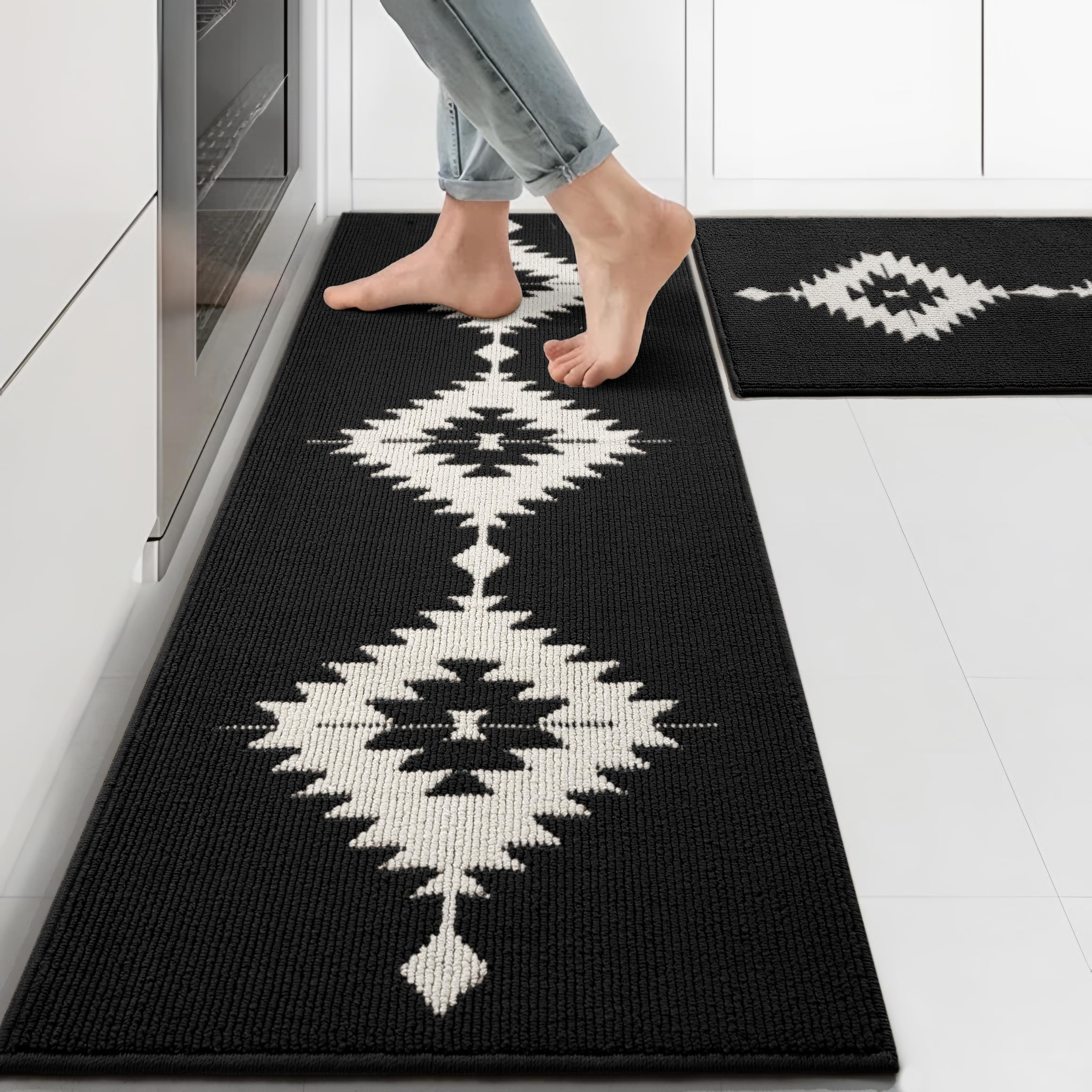 24x35 Rug UNIBATH Farmhouse Kitchen Rugs Sets of 2, Black and White Kitchen Mat ...