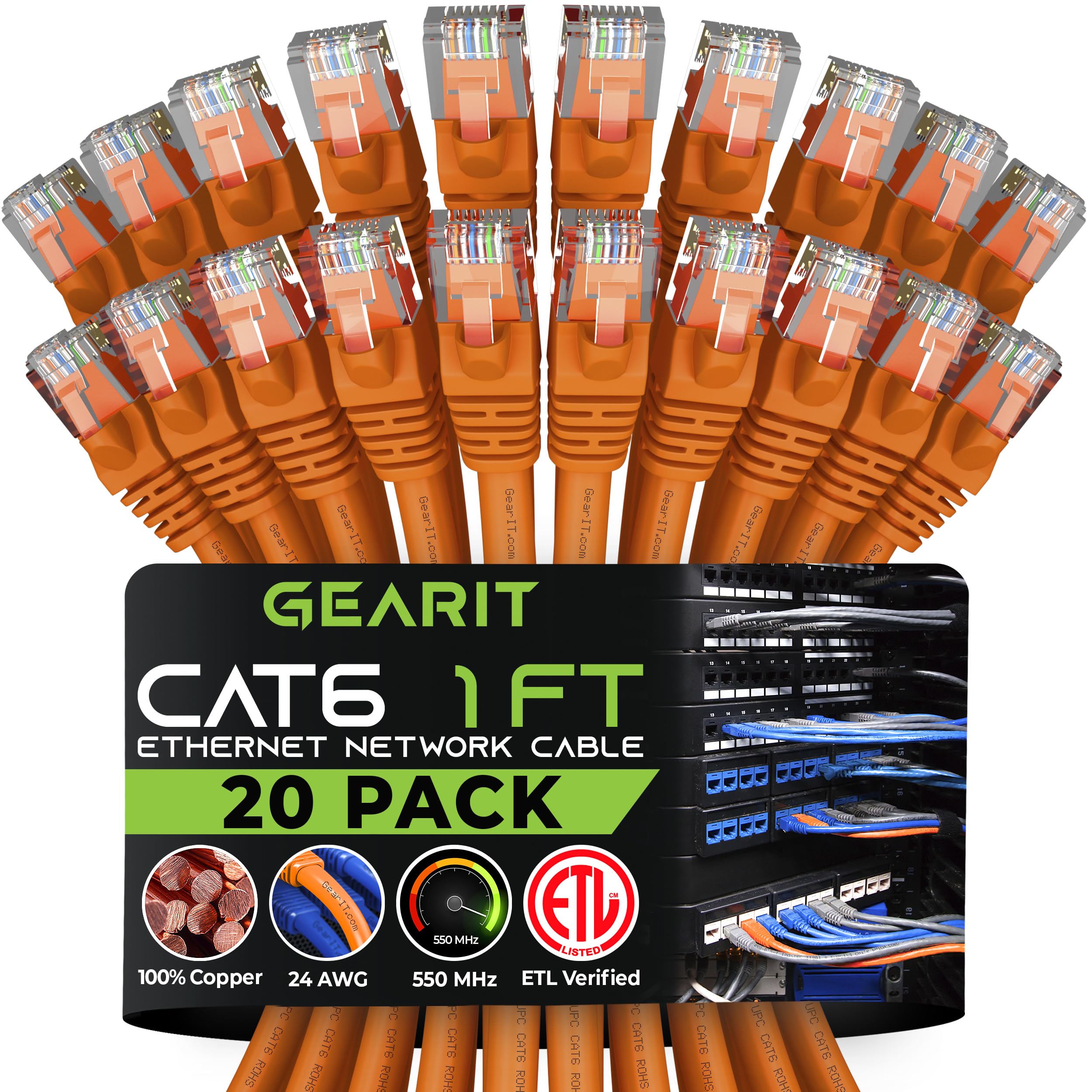 GearIT Cat 6 Ethernet Cable 1 ft (20-Pack) - Cat6