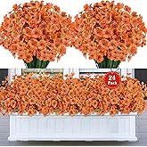 AmberFun 24 Bundles Artificial Fall Flowers for Outdoors, Realistic Fake Silk Flowers for Outside Decoration, Autumn Faux Plants Outdoor Planter Window Box Porch Patio Decor(Orange)