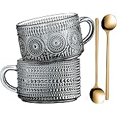 Gezzeny Vintage Glass Coffee Mugs 14 Oz Set of 2 Gray Embossed Tea Cups for Cappuccino, Latte,Cereal, Yogurt, Beverage Hot/Cold Mother's Father's Day Gifts