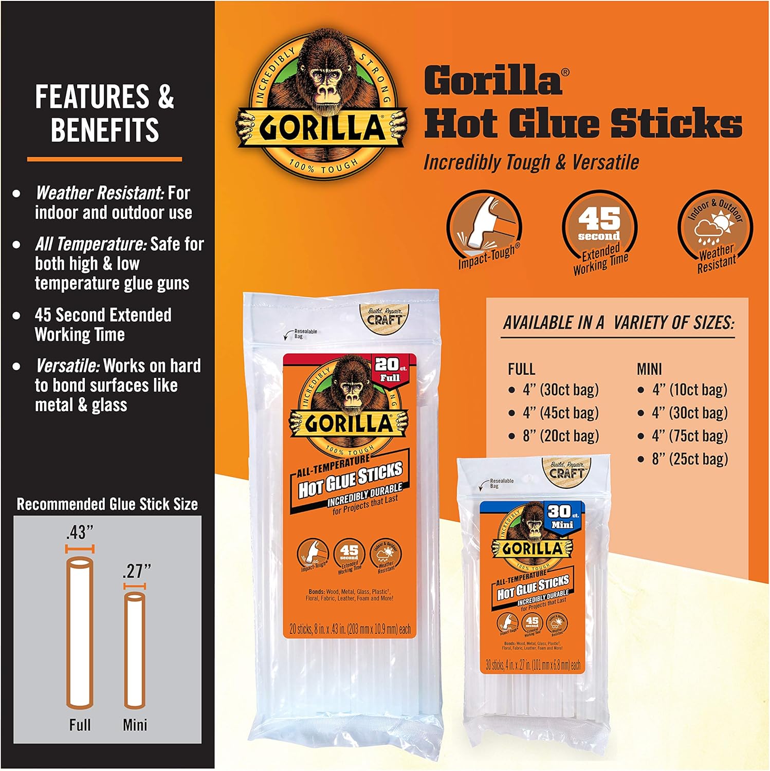 Gorilla Hot Glue Sticks, Mini Size, 8" Long x .27" Diameter, 25 Count, Clear, (Pack of 1): Home Improvement
