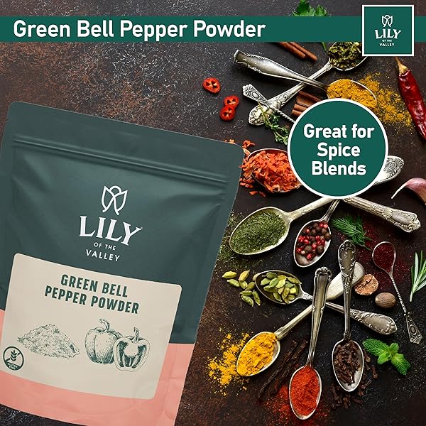 LILY OF THE VALLEY GREEN BELL PEPPER POWDER – GROUND PEPPER FOR COOKING – IDEAL FLAVOR & AROMA FOR SEASONING – NATURAL, VEGAN & GLUTEN-FREE – PACKED IN RESEALABLE POUCH (16OZ, 453G)- PACKAGE MAY VARY