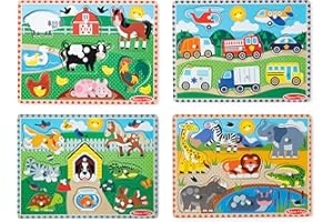 Melissa & Doug Wooden Peg Puzzle Set – 4-Pack Vehicle, Farm, Safari & Pet Animal Themes – Educational Puzzles for Toddlers and Preschoolers Ages 2+
