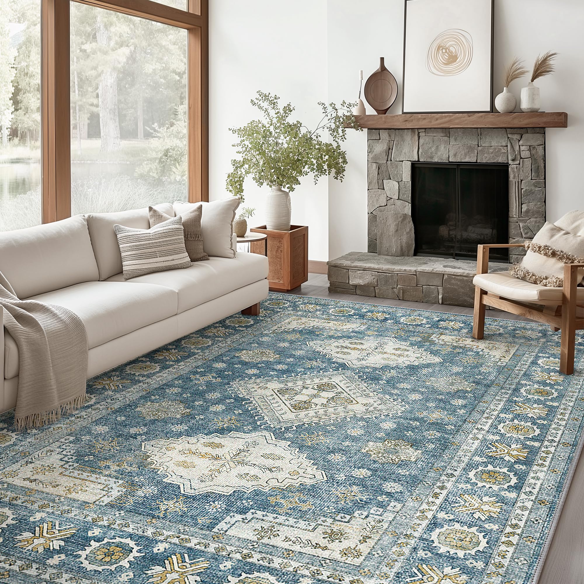 Photo 1 of BEIMO Area Rugs for Living Room 3x5 Machine Washable Rug, Vintage Retro Large Floral Medallion Carpet for Bedroom Dining Room, Low Pile Lightweight Thin Chenille Non Slip Rug, Faded Blue
