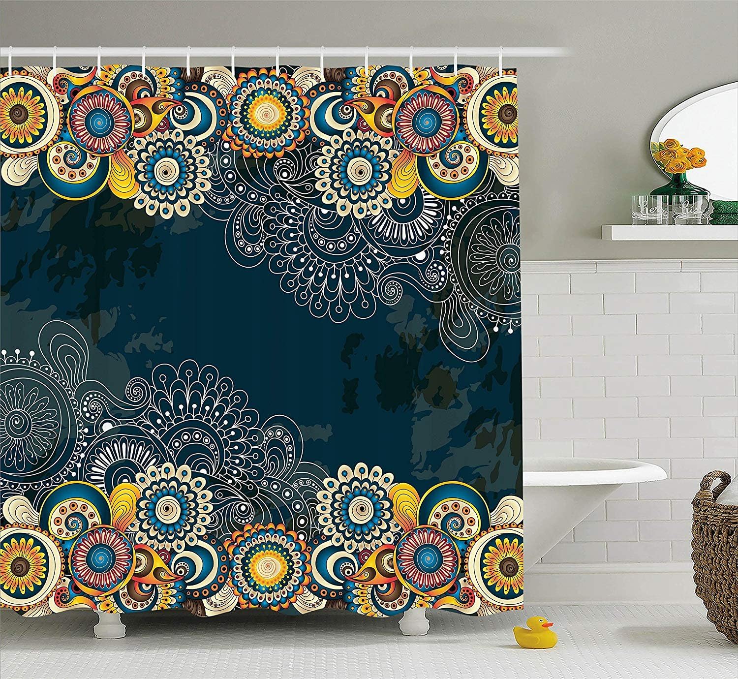 Afagahahs Psychedelic Decor Shower Curtain Set Floral Bizarre Vibrating Design Vintage Flowers Leaves Paisley Pop Art Mandala BathroomBlue Yellow