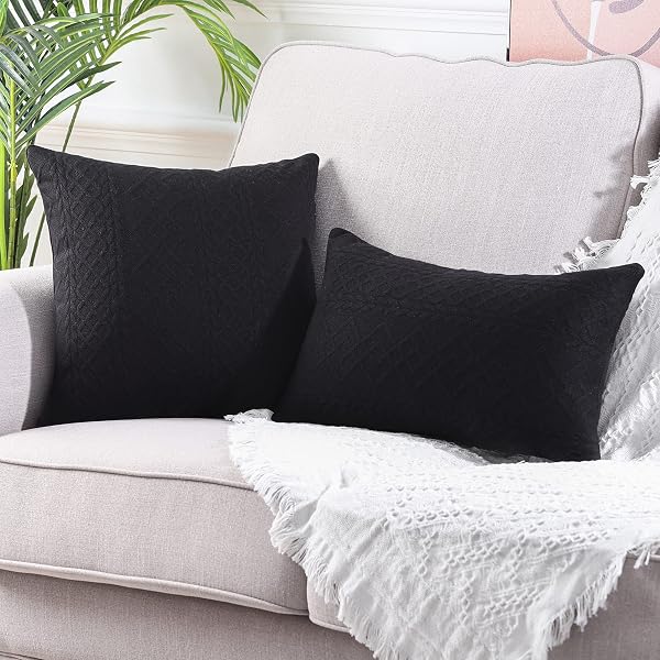 YAERTUN PACK OF 2 SUPER SOFT DECORATIVE THROW PILLOW COVERS SQUARE CUSHION CASES PILLOWCASES FOR COUCH SOFA BEDROOM CAR MODERN EMBOSSED PATTERNED,24 X 24 INCH,BLACK