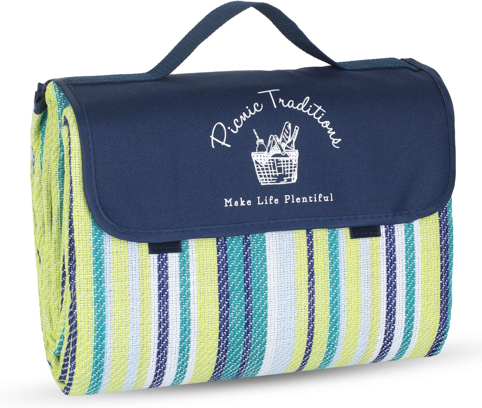 Picnic Traditions Large Picnic Blanket Water Resistant Tote - Great for Picnics, Camping on Grass, at The Beach, Tailgating at Stadiums, Durable Mat has Waterproof PEVA Backing - 69 x 53 in. (Blue)