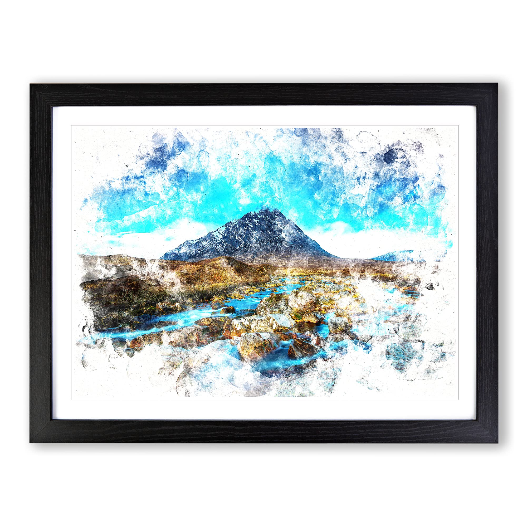 Glencoe In Scotland Watercolour Modern Framed Wall Art Print, Ready to Hang Picture for Living Room Bedroom Home Office Décor, Black A4 (34 x 25 cm)