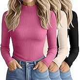 Oakgarden 3 Pack Women's Cotton Long Sleeve Mock Turtleneck Tops Ribbed Lettuce Trim Slim Fit Shirts Thermal Base Layer(Peach Pink, Light Beige, Black,Medium)
