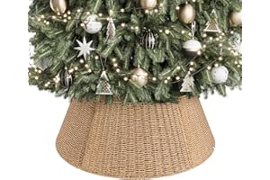 ELYKEN 28 Inch Christmas Tree Collar, Paper Rope Woven Xmas Tree Skirt for Artificial Trees, Rustic Farmhouse Basket for Tree Base Cover with Cord Cut-Out for Pencil Silm Trees Xmas Holiday Decor