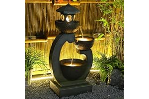 Tankana Water Fountain Outdoor Zen Feature - Garden Tranquil Pagoda Waterfalls Fountains Bowl with LED Lights & Pump for Patio Yard Porch Pool, Gray, 35.5 inches