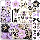 BELICEY Junk Case Charms Gold Black Bow Flower Junk Phone Case Kit Elegant Purple Butterfly Heart Big Charm for Junk Cases 3D Bear Rose Flatback Pearls for Customizing DIY Craft