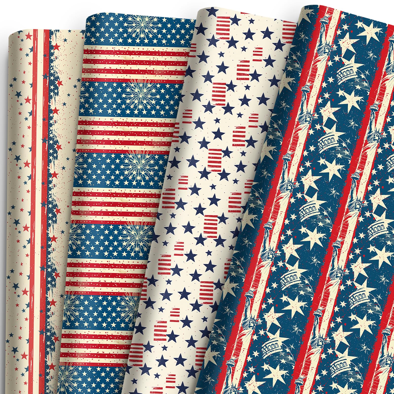 Photo 1 of 12 Sheets Patriotic Wrapping Paper - Vintage American Flag & Statue of Liberty Design, Independence Day Gift Wrap for 4th of July & Memorial Day, President's Day, 19.7” x 27.6” (Red, White & Blue)