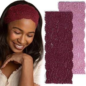 Kitsch Lace Wide Headbands for Women Non Slip - Cherry Lacquer & Dusty Pink | Stylish Head Bands for Women's Hair with Stretc
