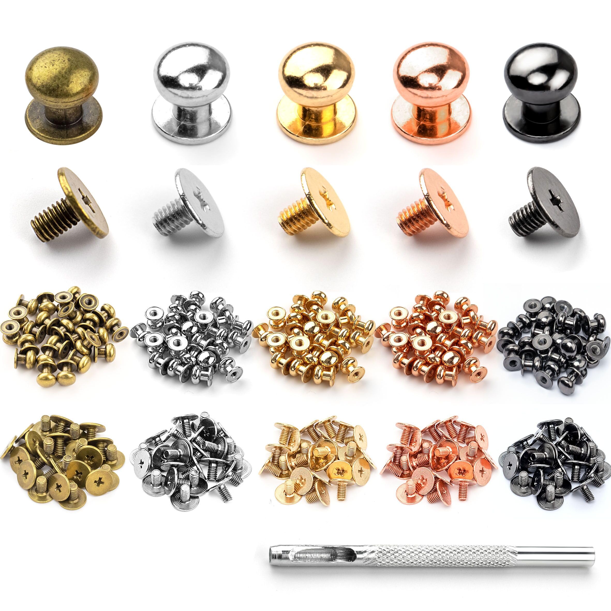 INKNOTE 125 Sets 5 Colors Chicago Screws Solid Round Head Button Tack Slotted Nipple Rivet Studs for Clothing Shoes Belts Bags Watchbands Dog Collars DIY Leather Craft Accessories