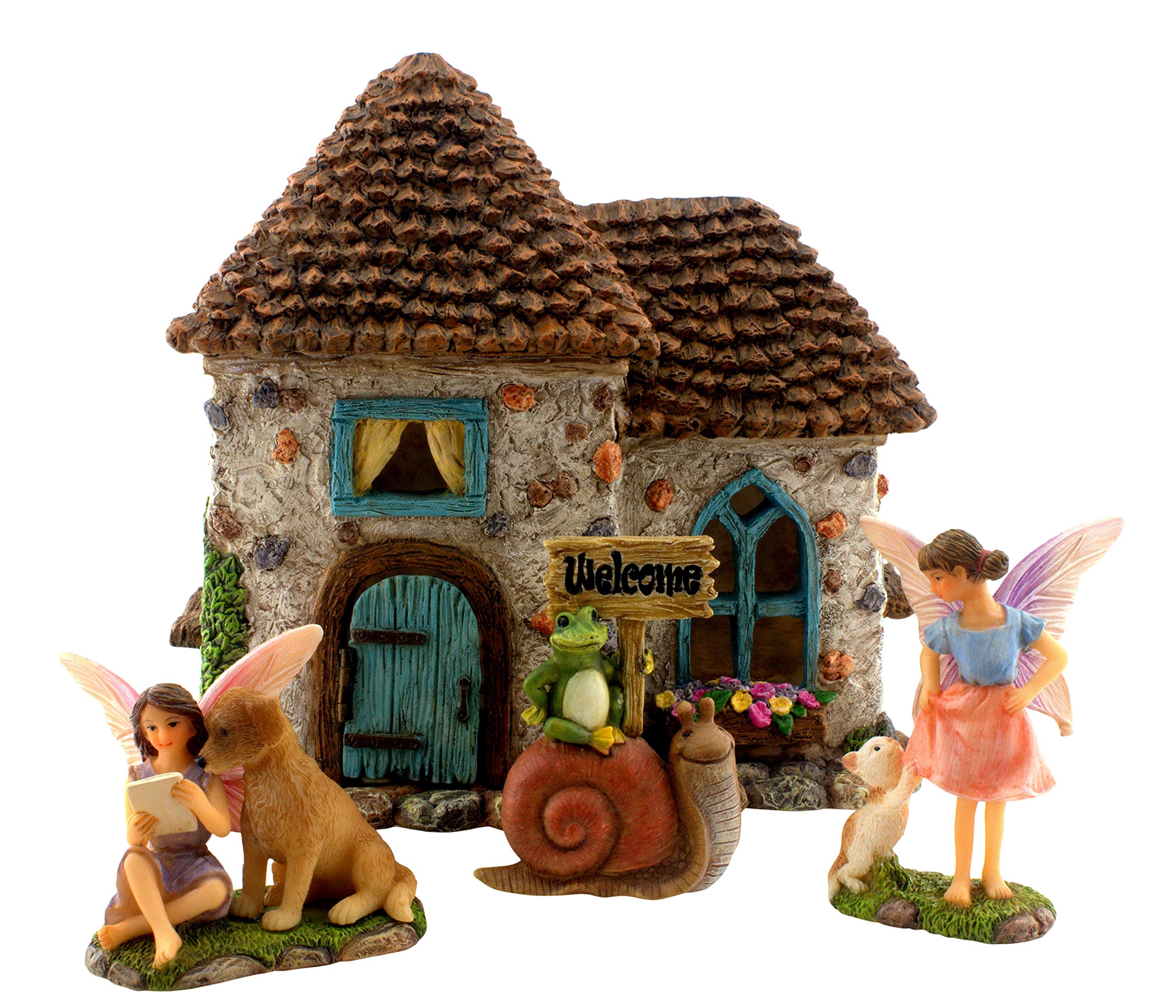 PRETMANNS Fairy Garden House Kit – Complete with Accessories for an Outdoor Miniature Garden, Figurines with a Frog and Snail Sign - House 15 cm High with Door that Opens – 4 Pieces