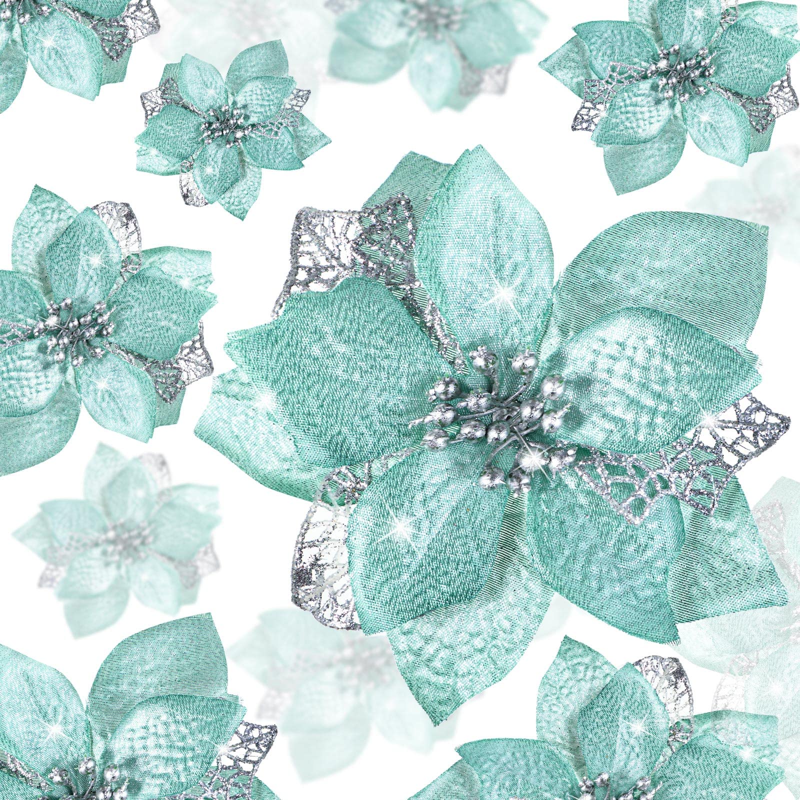 Geosar 72 Pieces 3/4/6 Inches Christmas Artificial Glitter Poinsettia Flowers Ornaments Xmas Flowers Wedding for Christmas Tree Ornaments(Mint Green)