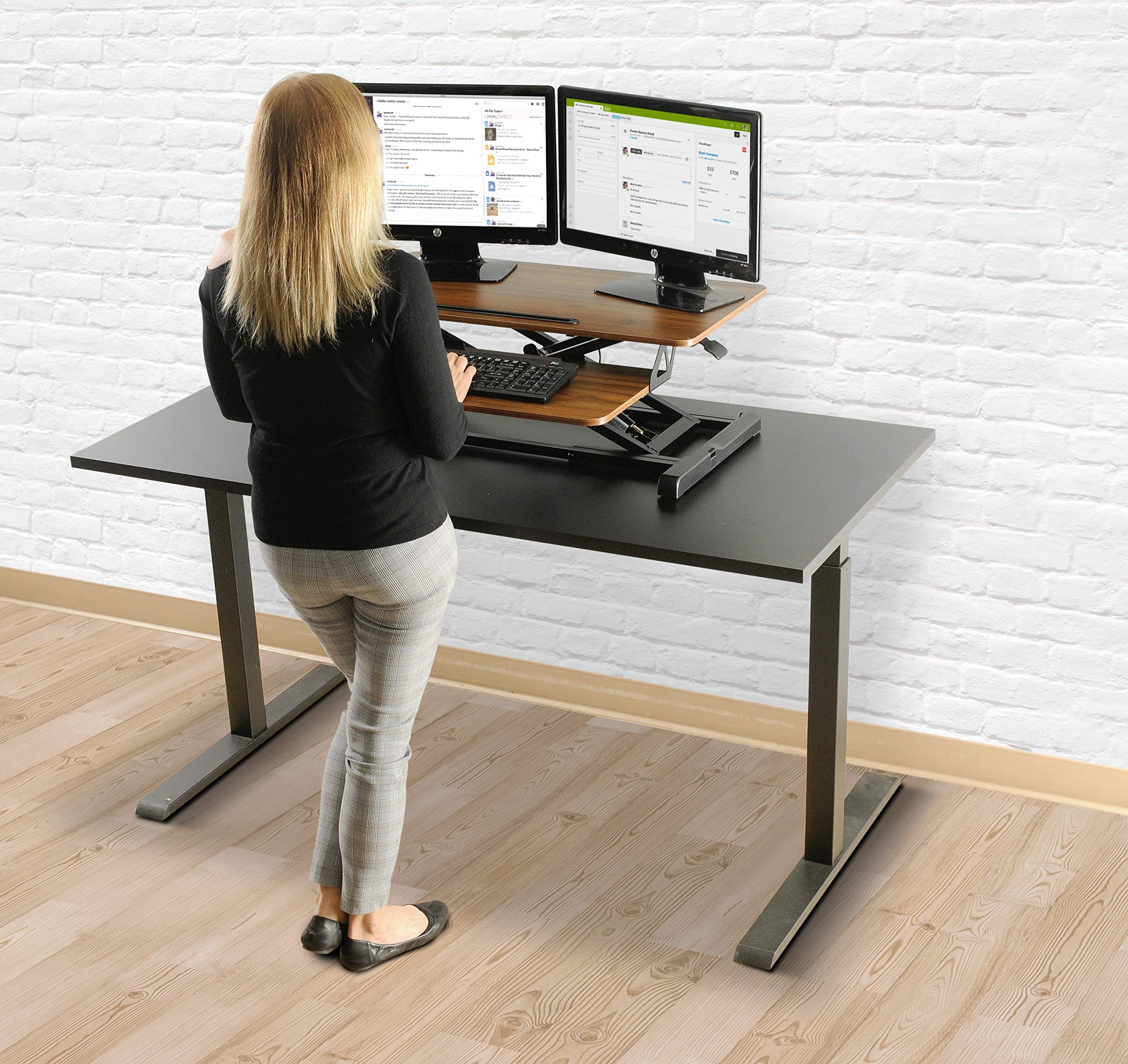 TechOrbits Standing Desk - Stand Up Desk Converter and Monitor Riser - Height Adjustable Sit Stand Tabletop Workstation Wood Brown