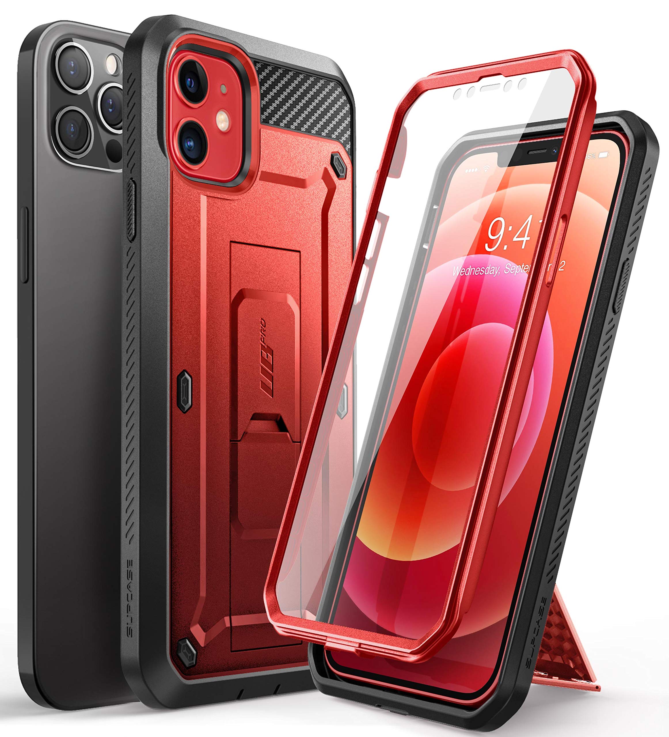 SUPCASE for iPhone 12 Case/iPhone 12 Pro Case with Screen Protector (Unicorn Beetle Pro), [Built-in Stand & Belt-Clip] Full-Body Rugged Protective Phone Case for iPhone 12/12 Pro 6.1", Ruddy