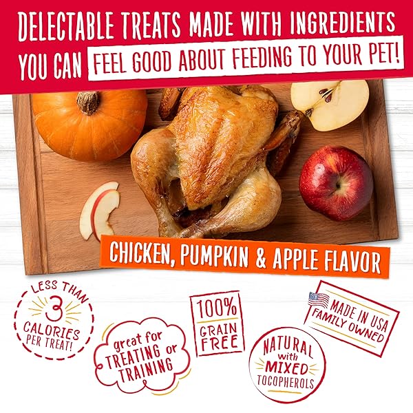 CHARLEE BEAR CRUNCH GRAIN FREE DOG TREATS, CHICKEN, PUMPKIN AND APPLE, 8 OUNCE RESEALABLE BAG, LOW CALORIE TRAINING TREATS FOR DOGS, LIMITED INGREDIENT, HEALTHY, CRUNCHY DOG SNACKS, MADE IN USA