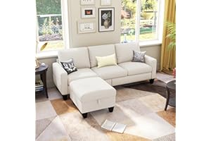 Lonkwa 78'' Convertible Sectional Sofa Couch, Beige 3 Seat L-Shaped Couch with Storage Ottoman, Modern Linen Fabric Couches for Living Room, Apartment, Office, Small Space