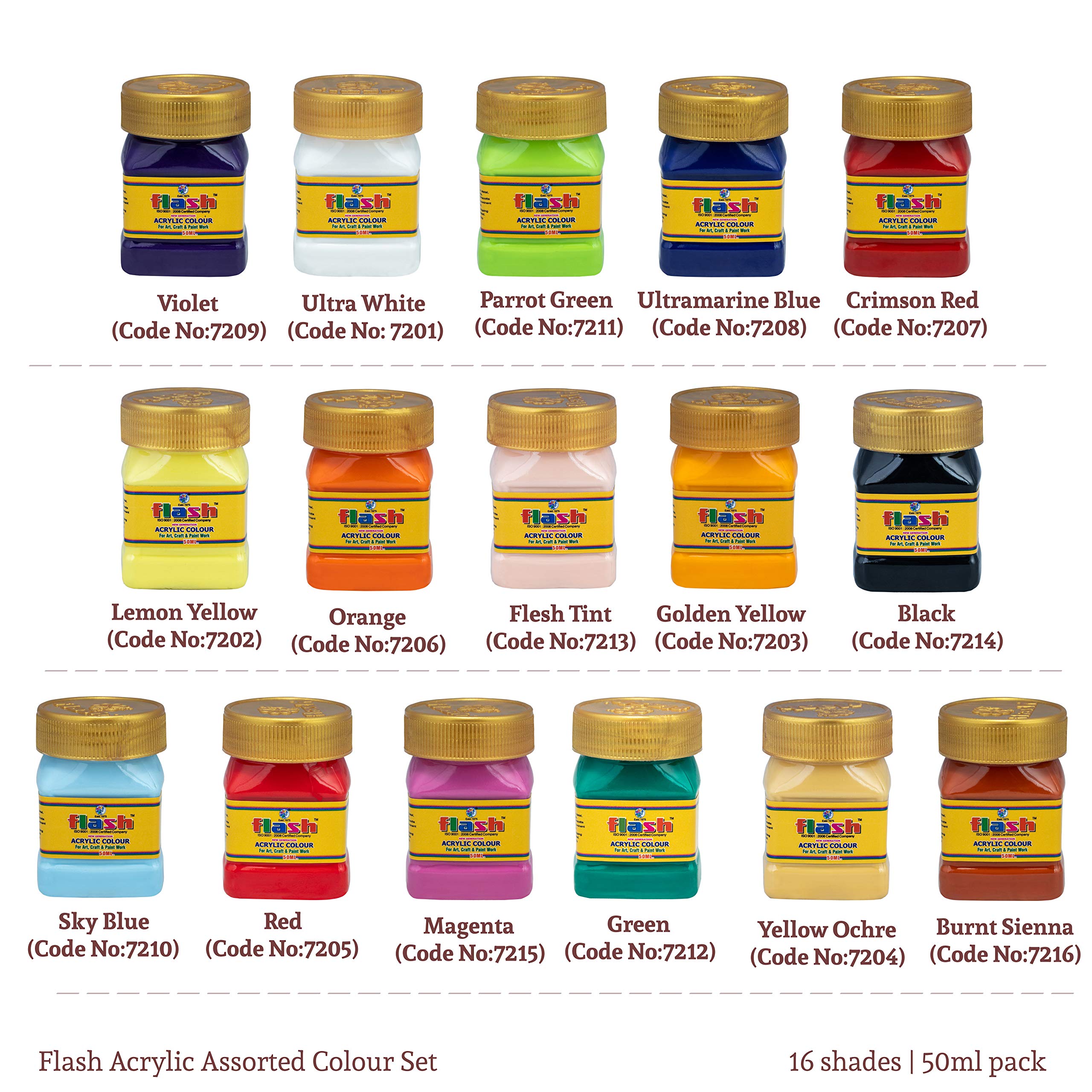 Flash Acrylic 16 Colours Set (16 Shades X 50ml Each) with Storage Box, Rich Pigments, Non Fading ...