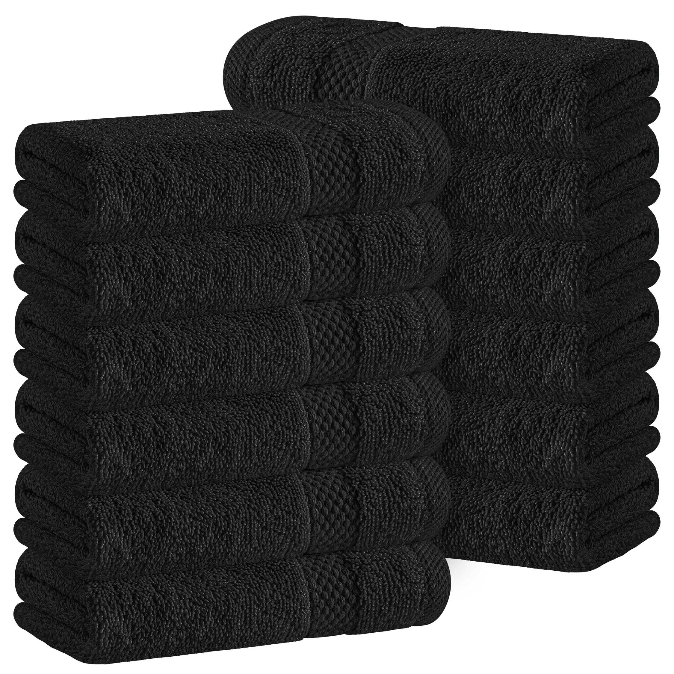 White Classic Luxury Cotton 12 Pc Flannel Set, Hotel Style Small Bath Towel and Face Cloth 33x33 cm, Black Soft Plush Flannels Pack of 12, Thick High Absorbent Wash Clothes, Face Towels