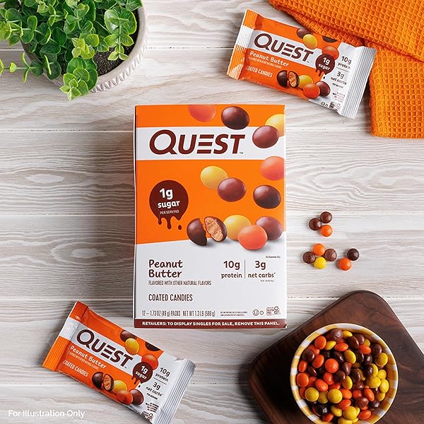 QUEST NUTRITION COATED CANDIES, PEANUT BUTTER, 1G SUGAR, 10G PROTEIN, 4G NET CARBS, GLUTEN FREE, KETO FRIENDLY, 12 COUNT
