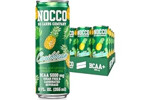 NOCCO BCAA Drink Caribbean Pineapple Caffeine Free - 12 Fl Oz (Pack of 12) - 0mg of Caffeine, 5000mg of BCAAs - Sugar Free & Carbonated Drink - Vitamin B6, B12, & Biotin - Grab & Go Performance Drink