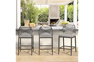 Cozyman Outdoor Bar Stools, Rattan Outdoor Counter Height Bar Stools Set of 3, 26.5" H Woven Rope Patio Bar Chairs with Aluminum Legs for Kitchen, Slate Gray