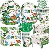 Suhelkit Dinosaur First Birthday Party Supplies Boy, Dino Dinosaur 1st Birthday Decorations, Plate, Cup, Napkin, Tablecloth, Cutlery, Serve 24