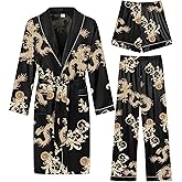 SWOMOG Men's Satin Robe 3 Pcs Silky Kimono Bathrobe Set Lightweight Soft Loungewear Nightwear