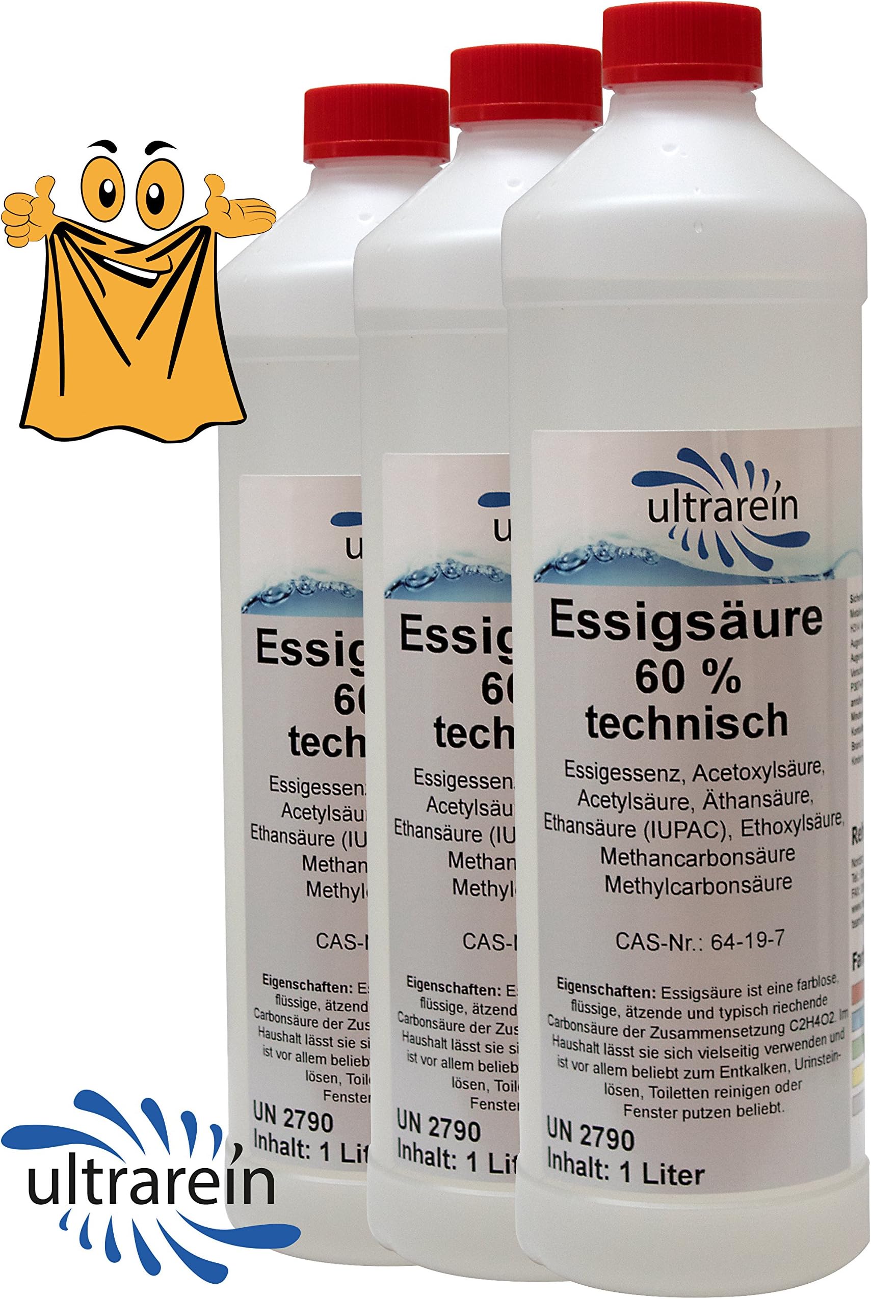 3x 1 litre acetic acid 60% pure, essence for cleaning, decalcification of all kinds and weed killing