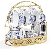 fanquare Porcelain Tea Sets,Blue British Coffee Cups&amp; Saucer Service for 6, with Teapot,Sugar Bowl,Creamer Pitcher and Golden Metal Rack