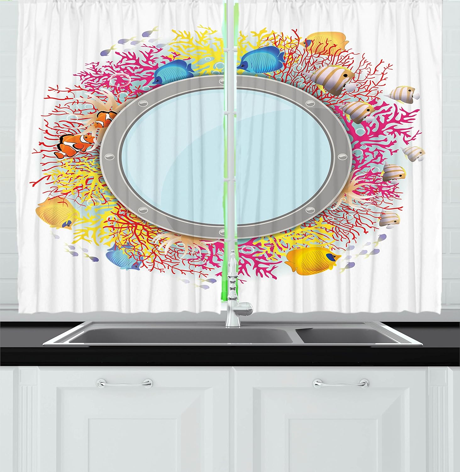 Ambesonne Marine Life Kitchen Curtains, Porthole with