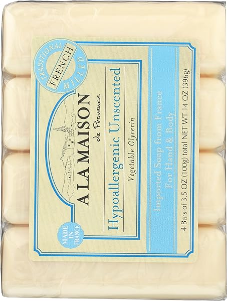 A LA MAISON HYPOALLERGENIC UNSCENTED BAR SOAPS, 3.5 OZ – 4 EA, 3.5 OZ
