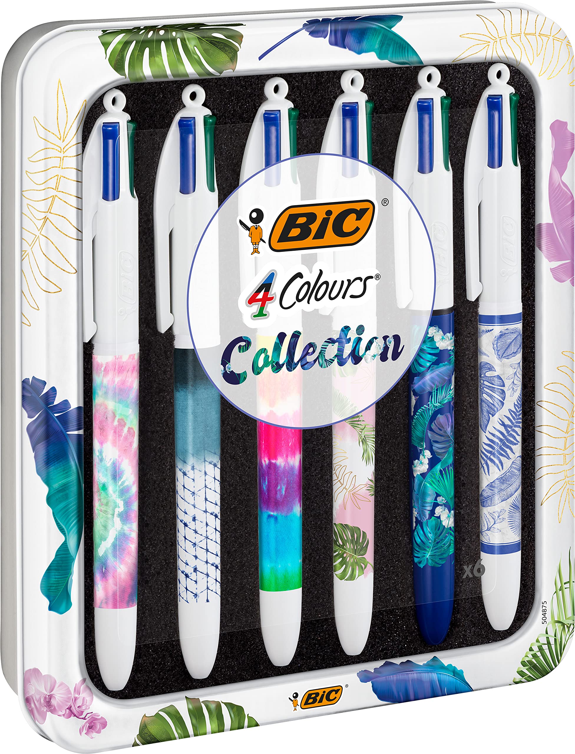 BIC 4 Colors Decors Messages or Botanical Collection and Tie & Dye - Ballpoint Pens Medium Point (1.0 mm) - Random Assorted Designs, Reusable Box of 6