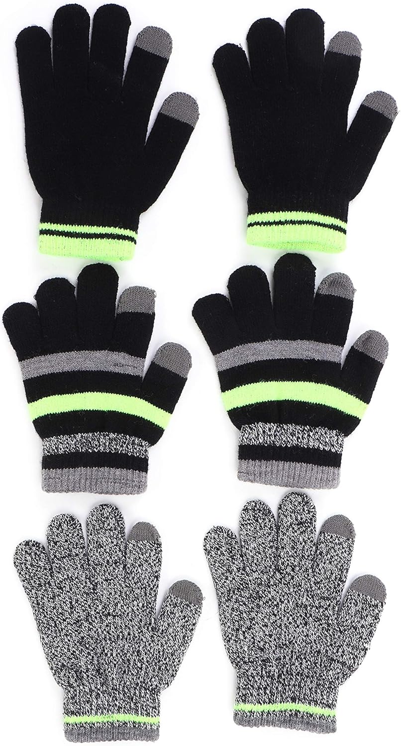 accsa 3 Pairs Kids Winter Magic Gloves for Boys Girls Soft Stretchy Touch Screen Gloves, Neon Stripe: Clothing