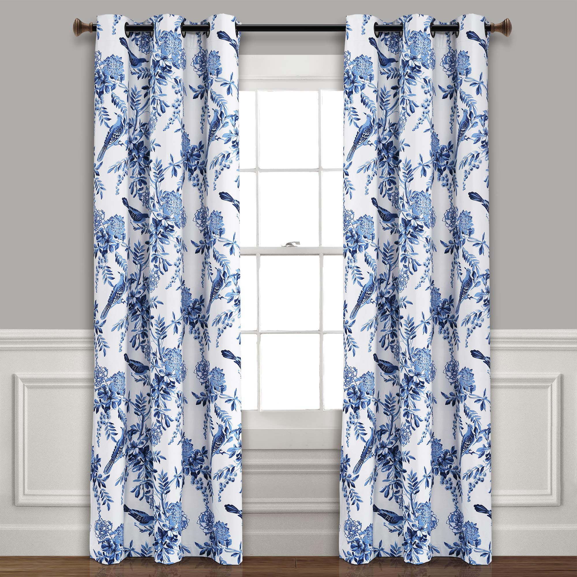 Lush Decor Farmhouse Bird and Flower Insulated Grommet Blackout Window Curtain Panel Pair, 84" x 38", White and Blue