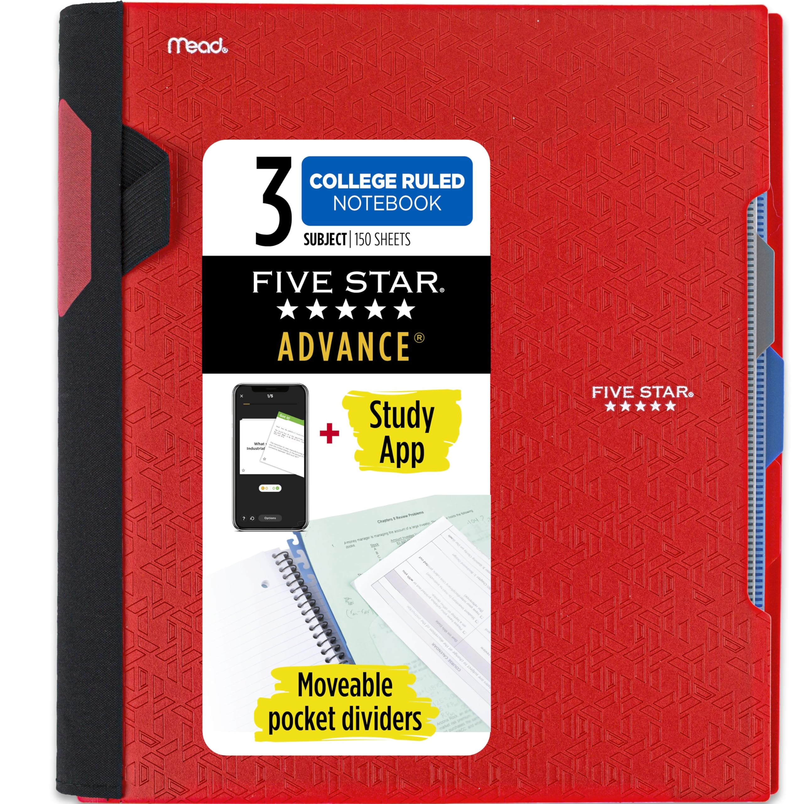 Five Star Advance Spiral Notebook Plus Study App, 3 Subject, College Ruled Paper, 11" x 8-1/2", 150 Sheets, With Spiral Guard and Movable Dividers, Fire Red, 1 Count (73134)