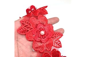 PEPPERLONELY 10PC Red Pearl Chiffon Flower Embroidered Lace Edge Trim Ribbon, 6.5 x 8cm